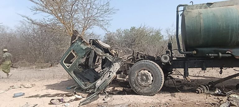 Damaged police water bowser after an IED blast in Harbole, Fafi, Garissa County