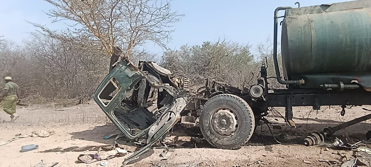 Damaged police water bowser after an IED blast in Harbole, Fafi, Garissa County