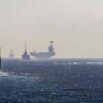 The US Navy destroyer USS Truxtun during operations at sea
